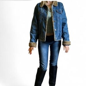 Vintage Y2K style Jean and Sherpa Barn Jacket denim coat with buttons Cozy Chic